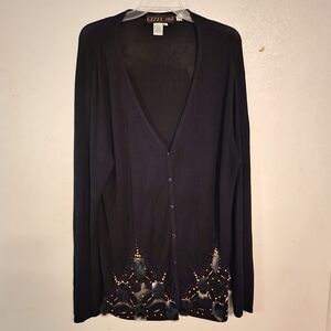 Gizel Long Line Black Cardigan Buttons Feathers Beaded Size M/L
